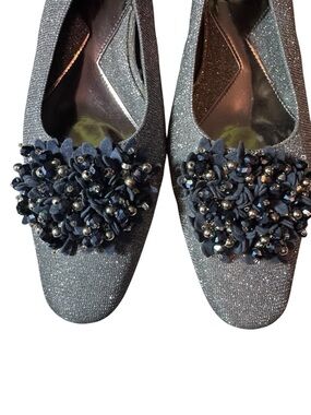 Embellished Silver Sparkle Low-Heel Shoes, Wide Width, Bead Accent, Wide 8.5E